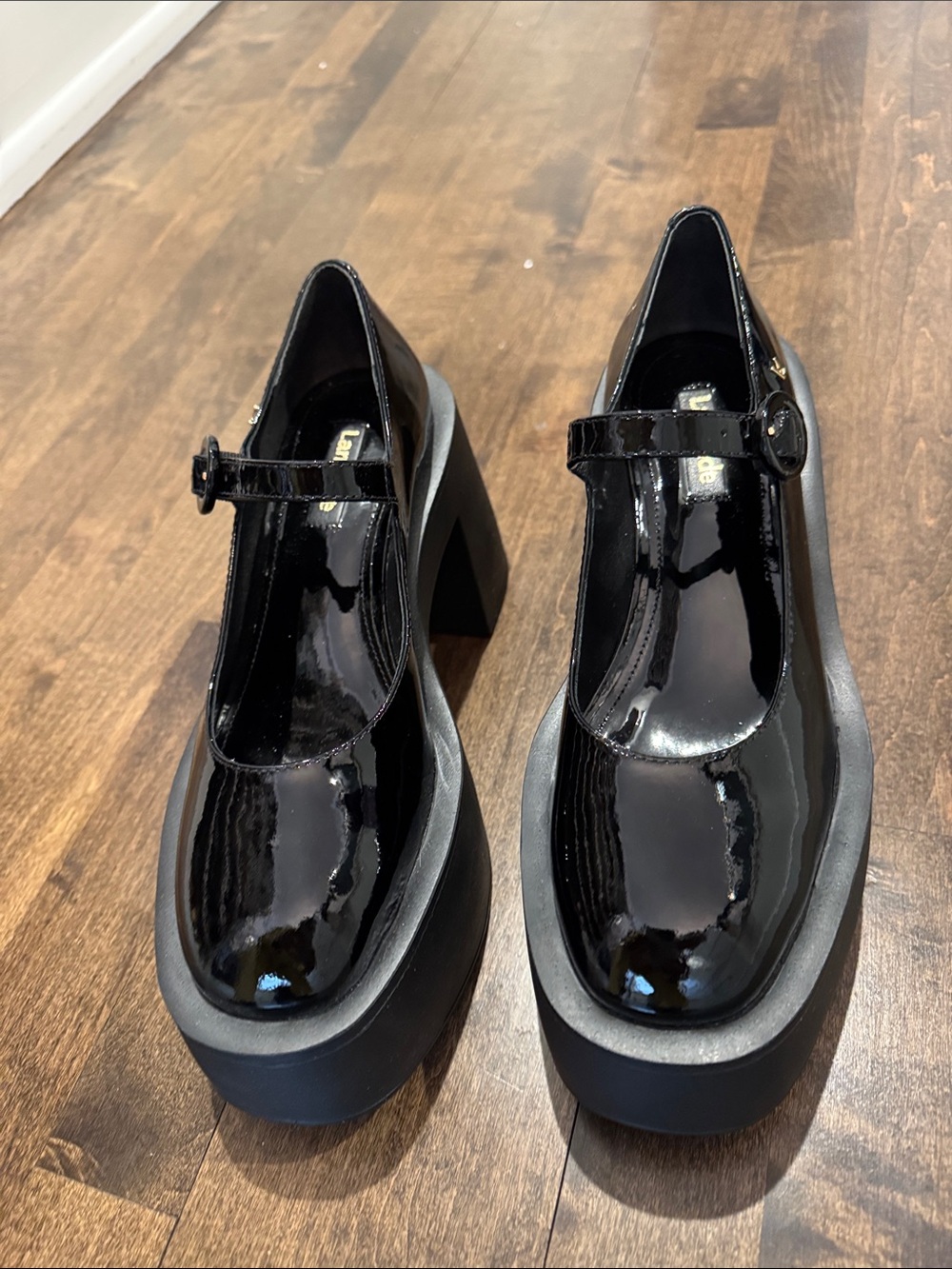 Larroude Black Patent Platform Mary Jane Pumps